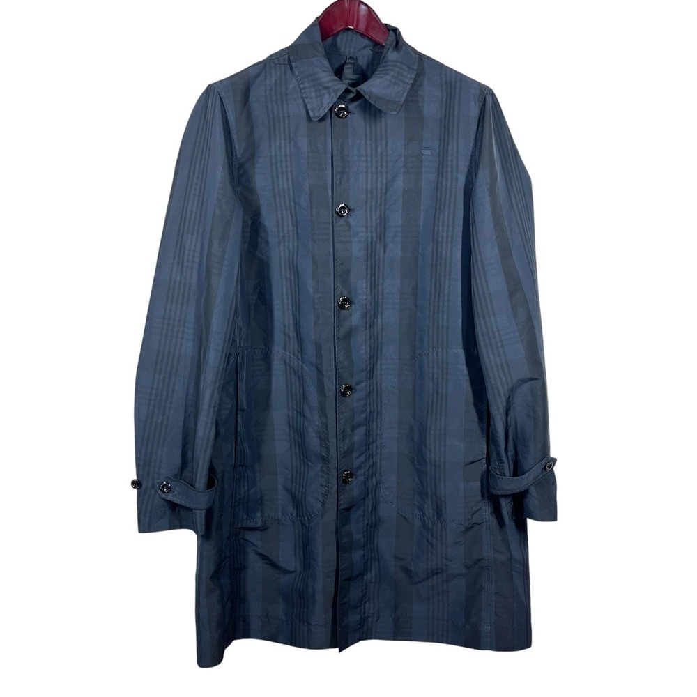 G-STAR Raw Valdo James Trench Coat Mens XL Navy Plaid Mid-Length Lightweight